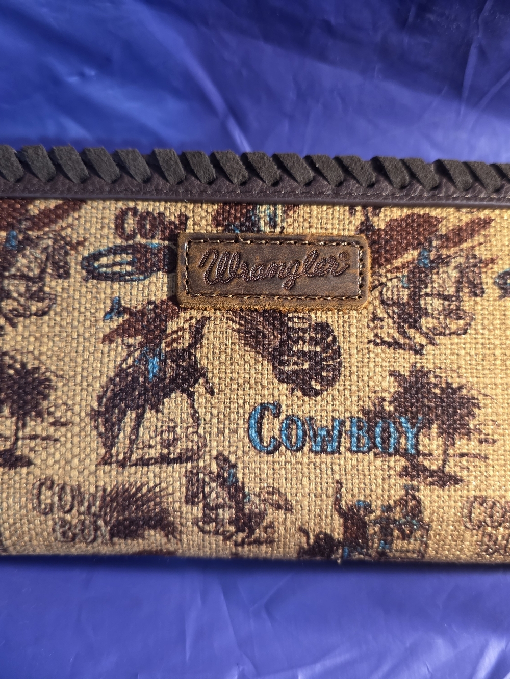 Wrangler Tan and Brown Canvas Western Wallet with Blue Accents